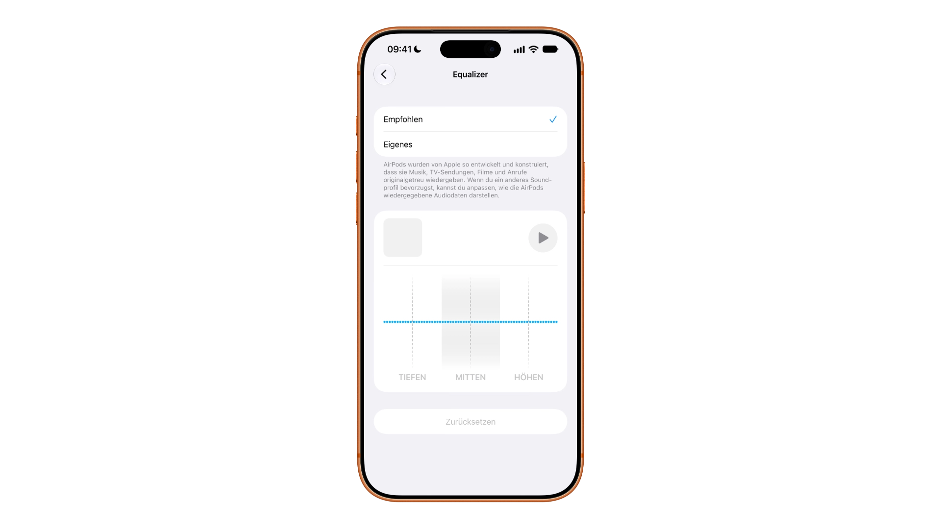 Adjusting the AirPods equalizer on iOS 27: menu with Recommended, Custom and the bass, mid and treble controls