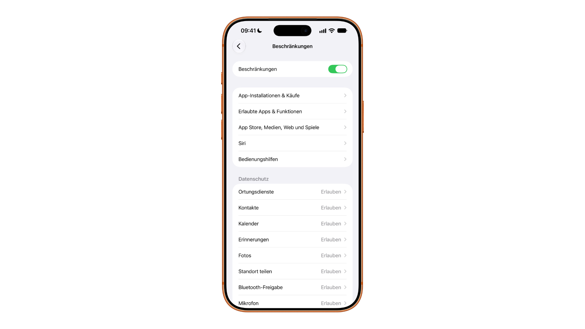 Disabling Apple Intelligence via Screen Time: restrictions switched on with the Siri entry