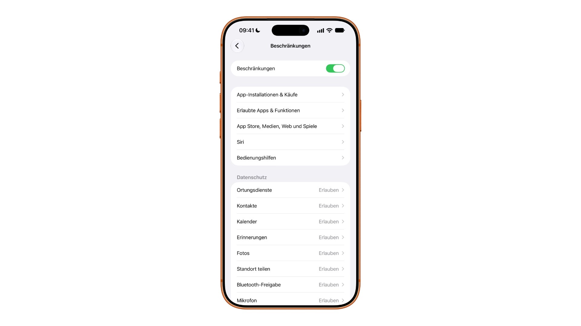 Apple Intelligence deaktivieren über die Bildschirmzeit: aktivierte Beschränkungen mit dem Eintrag Siri