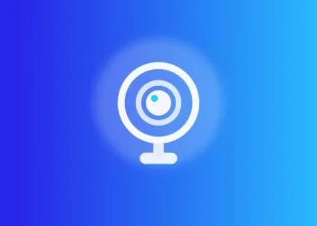 Apple Security Camera: gezeichnete Ringkamera mit Sockel auf blauem Verlauf