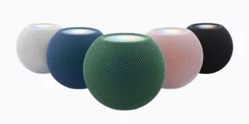 HomePod mini 2 in den fünf Farben Weiß, Blau, Grün, Rosa und Mitternacht, jeweils mit leuchtender Oberseite