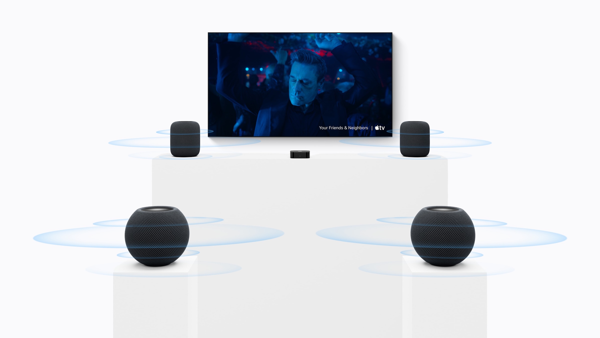 Surround sound with two HomePod speakers at the front beside the TV and two HomePod mini 2 at the rear, with Apple TV 4K in the middle