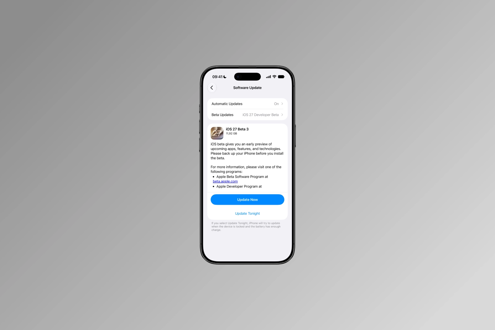 iOS 27 Beta 3 im Softwareupdate-Bereich der iPhone-Einstellungen bereit zur Installation