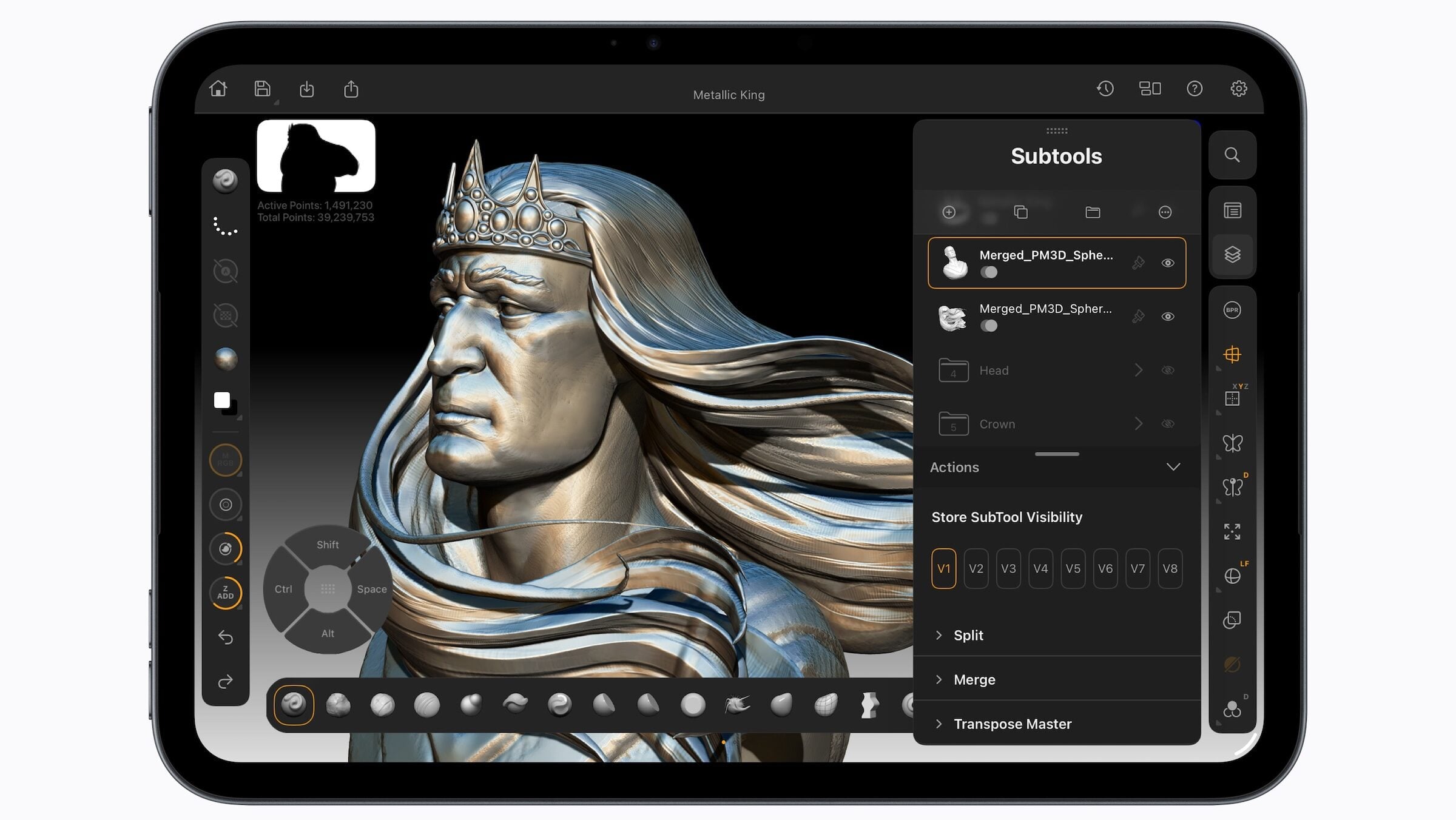The iPad mini A20 Pro in midnight showing a 3D sculpting app with a detailed figure