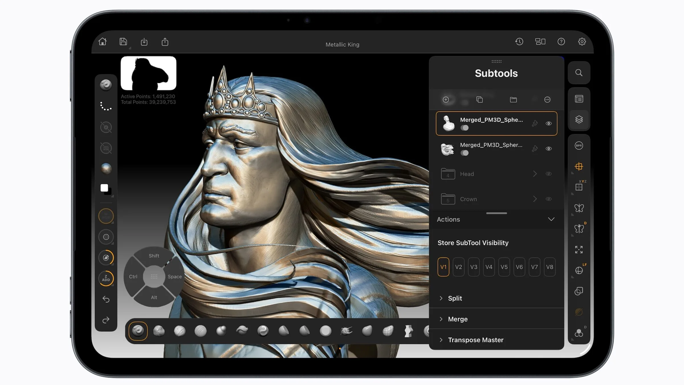Das iPad mini A20 Pro in Mitternacht zeigt eine 3D-Modellierungs-App mit einer detaillierten Figur