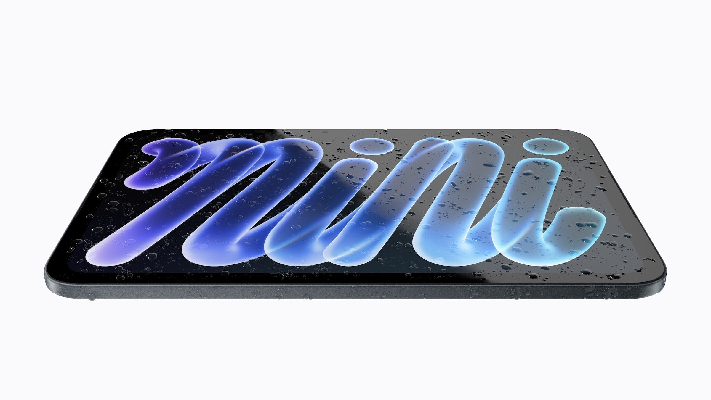 The iPad mini A20 Pro with IP67 protection lying flat with water droplets on the display and enclosure