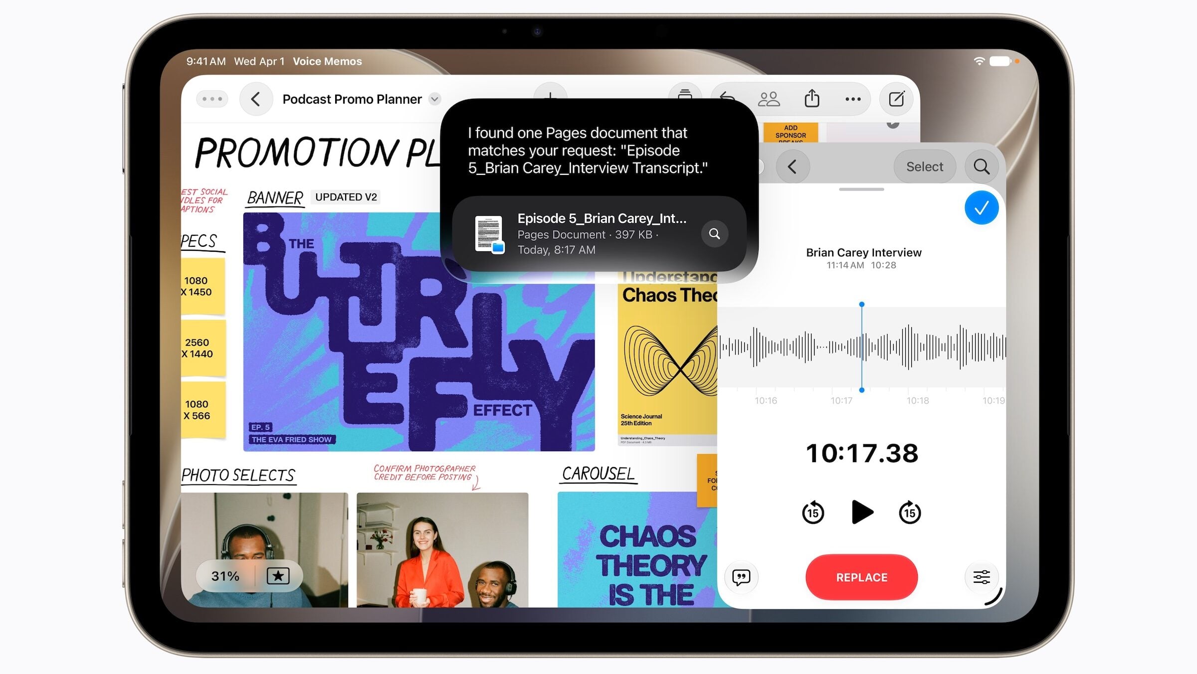The iPad mini A20 Pro running iPadOS 27 with several windows and a Siri AI response