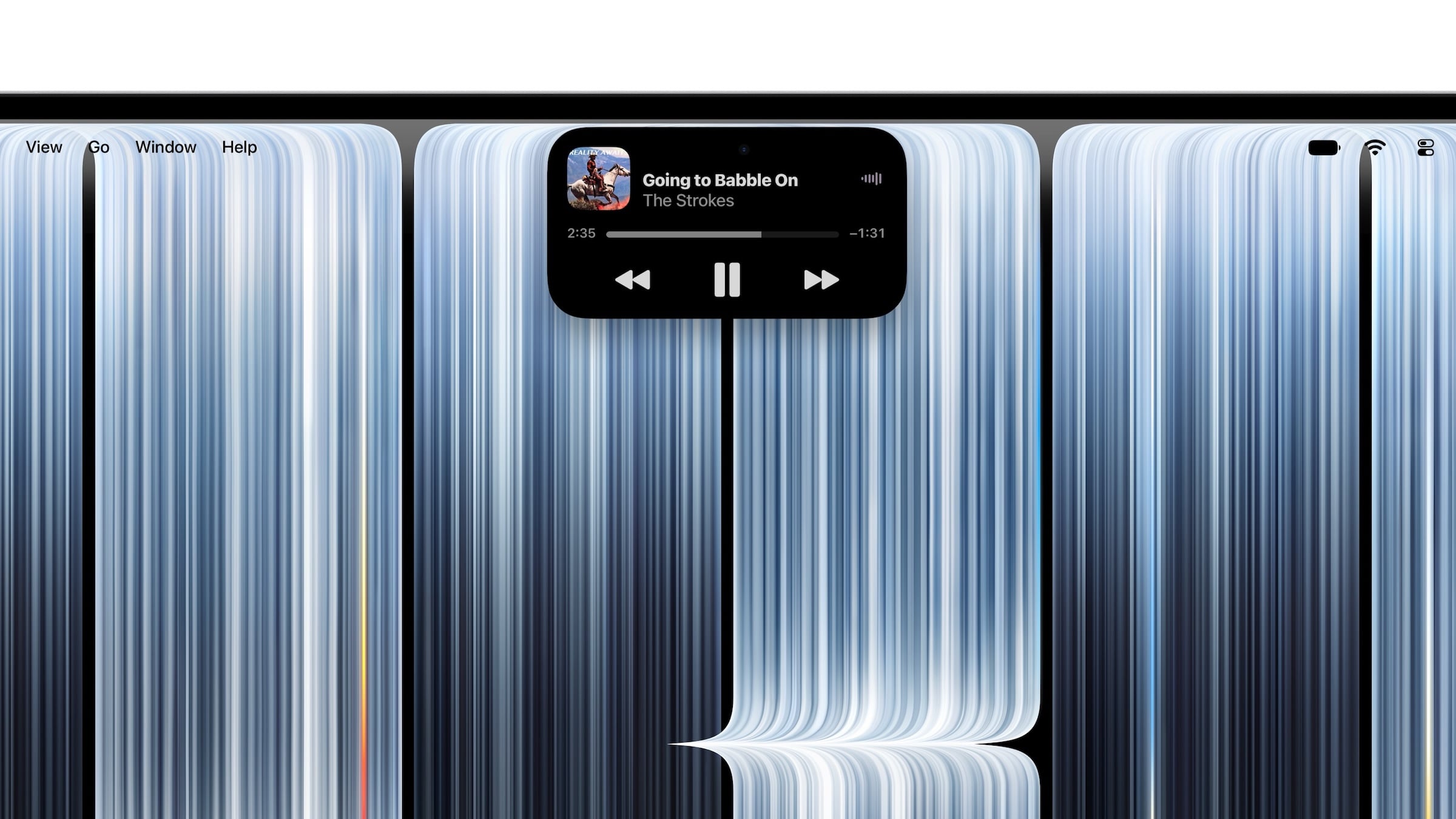 Dynamic Island at the top of the MacBook Pro with PROLED XDR Display, expanded with playback controls for a song