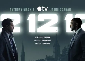 Schlüsselmotiv zur Serie 12 12 12 bei Apple TV mit den beiden Hauptdarstellern vor einer Stadtsilhouette