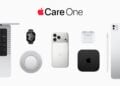 AppleCare One logo above a MacBook, Apple Watch, HomePod, iPhone, AirPods, Apple TV, Apple Pencil and iPad, the device classes AppleCare One covers in Germany