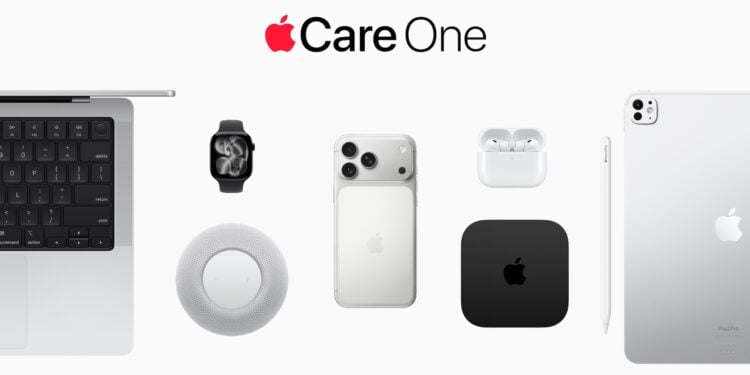 AppleCare One logo above a MacBook, Apple Watch, HomePod, iPhone, AirPods, Apple TV, Apple Pencil and iPad, the device classes AppleCare One covers in Germany
