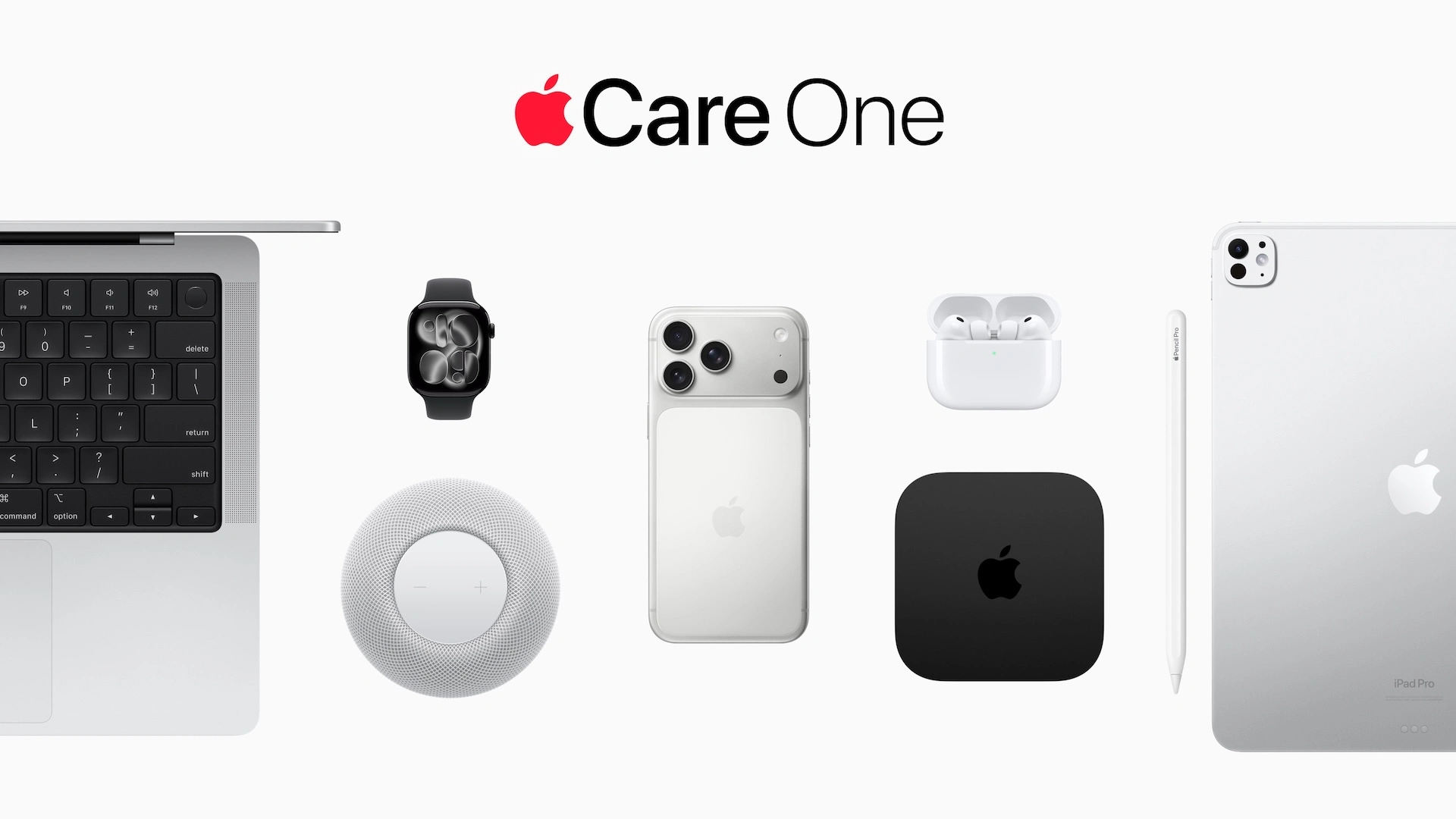 AppleCare One Logo über MacBook, Apple Watch, HomePod, iPhone, AirPods, Apple TV, Apple Pencil und iPad – den Geräteklassen, die AppleCare One in Deutschland abdeckt
