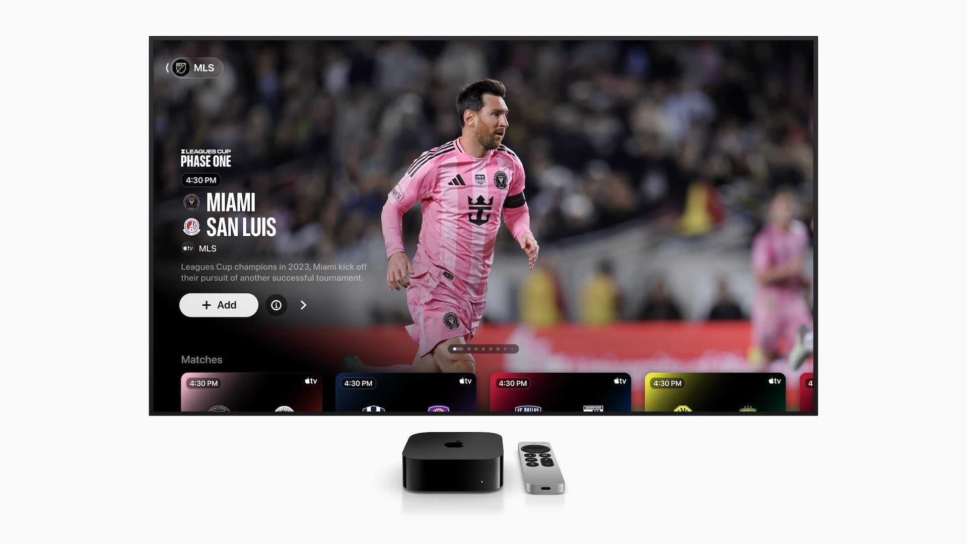 Apple TV 4K shows the Leagues Cup section with the Miami vs. San Luis match and other kick-off times.