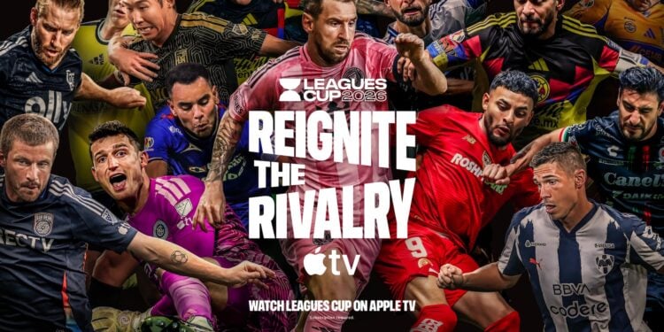Leagues Cup 2026 artwork featuring players from MLS and Liga MX and the Apple TV logo