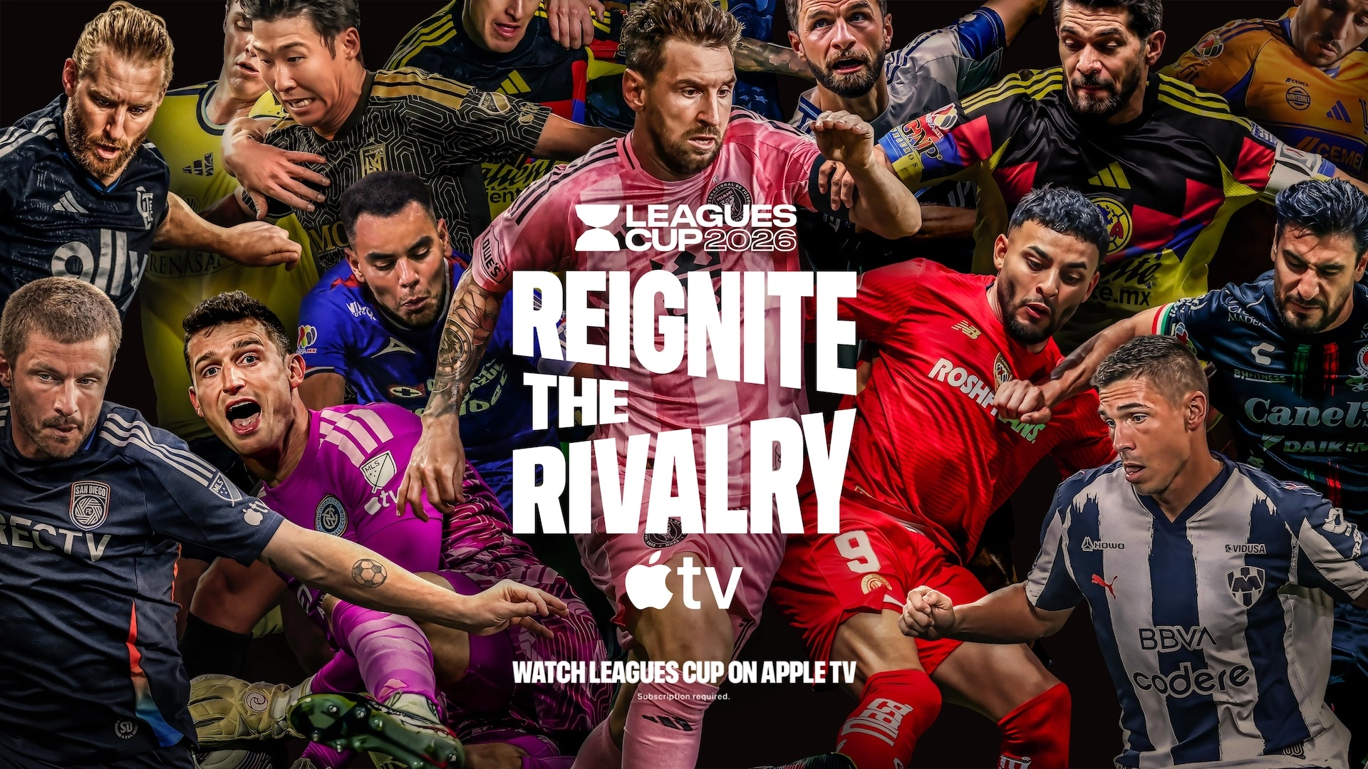 Leagues Cup 2026 Artwork mit Spielern aus MLS und Liga MX und dem Apple-TV-Logo