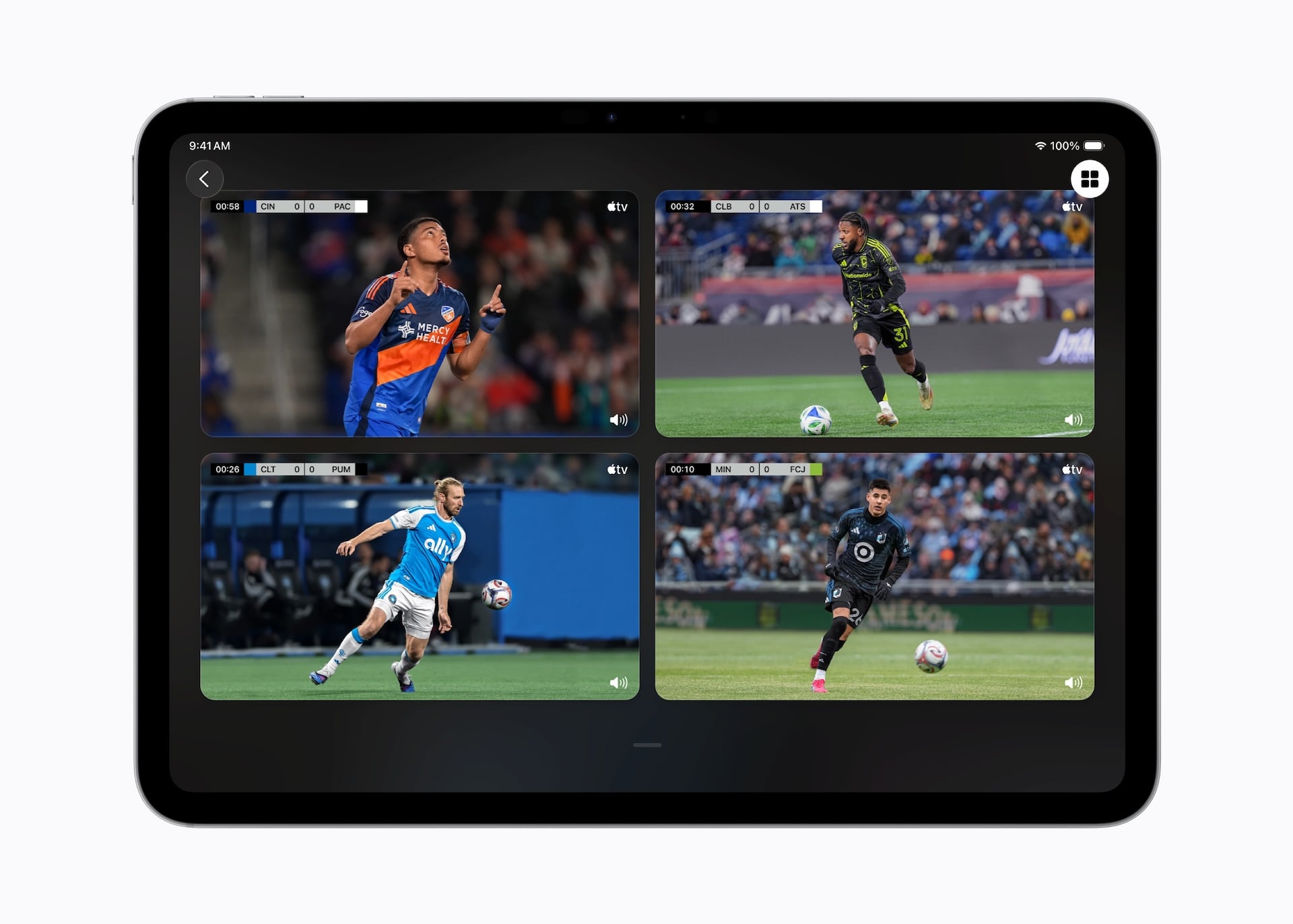 iPad displays four Leagues Cup matches simultaneously side-by-side in the Apple TV app