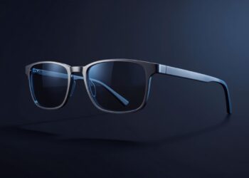 Conceptual image of smart glasses with a slim titanium frame and tinted lenses in three-quarter view
