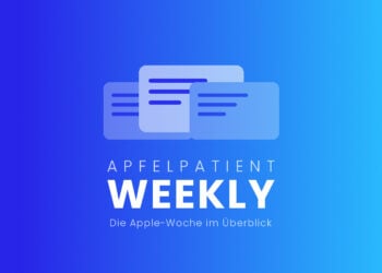Titelbild der Apfelpatient Weekly mit gezeichneten, übereinanderliegenden Karten über dem Schriftzug auf blau-cyanfarbenem Verlauf