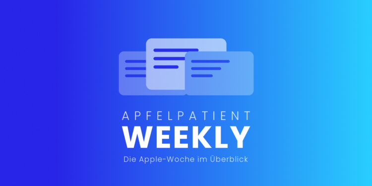 Titelbild der Apfelpatient Weekly mit gezeichneten, übereinanderliegenden Karten über dem Schriftzug auf blau-cyanfarbenem Verlauf