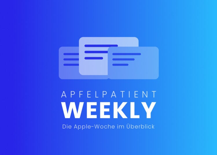 Titelbild der Apfelpatient Weekly mit gezeichneten, übereinanderliegenden Karten über dem Schriftzug auf blau-cyanfarbenem Verlauf