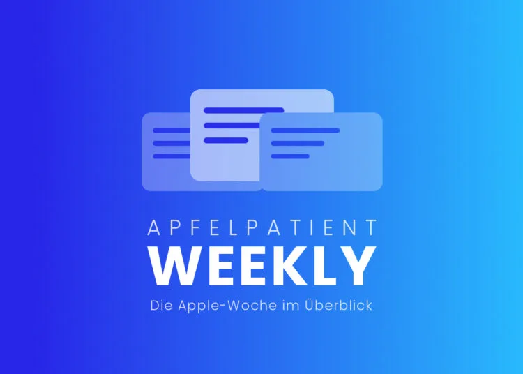 Titelbild der Apfelpatient Weekly mit gezeichneten, übereinanderliegenden Karten über dem Schriftzug auf blau-cyanfarbenem Verlauf