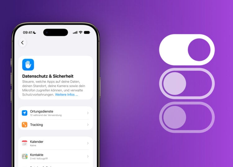 iPhone zeigt den Bereich Datenschutz und Sicherheit mit Ortungsdiensten, Tracking, Kalender und Kontakten, über den sich die App-Berechtigungen am iPhone einzeln steuern lassen