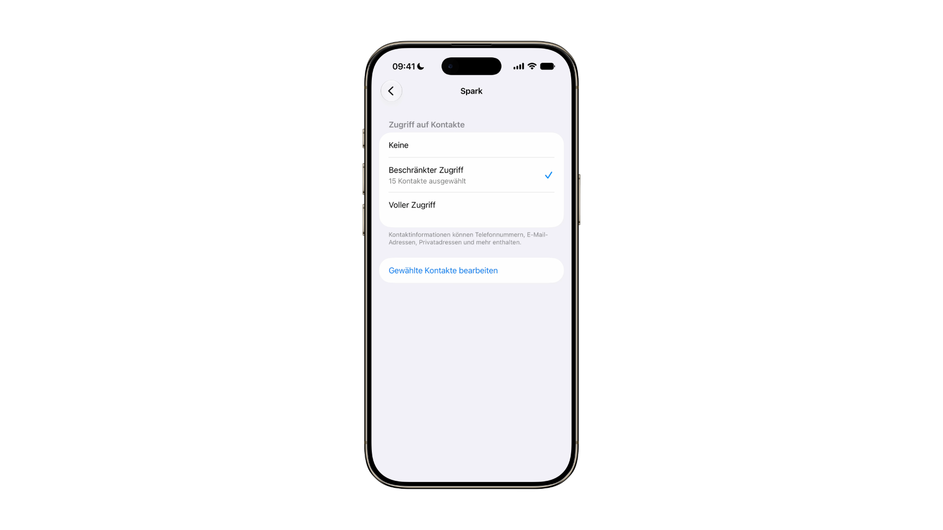 Contacts access for an app set to limited access with 15 selected contacts, one of the most effective iPhone app permissions to restrict
