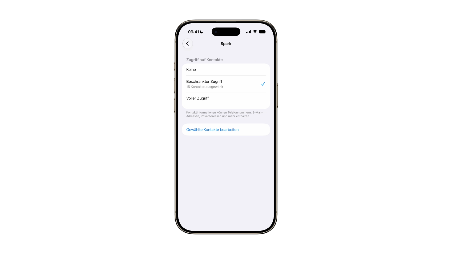 Kontaktfreigabe einer App mit gewähltem beschränktem Zugriff auf 15 ausgewählte Kontakte, eine der wirksamsten App-Berechtigungen am iPhone