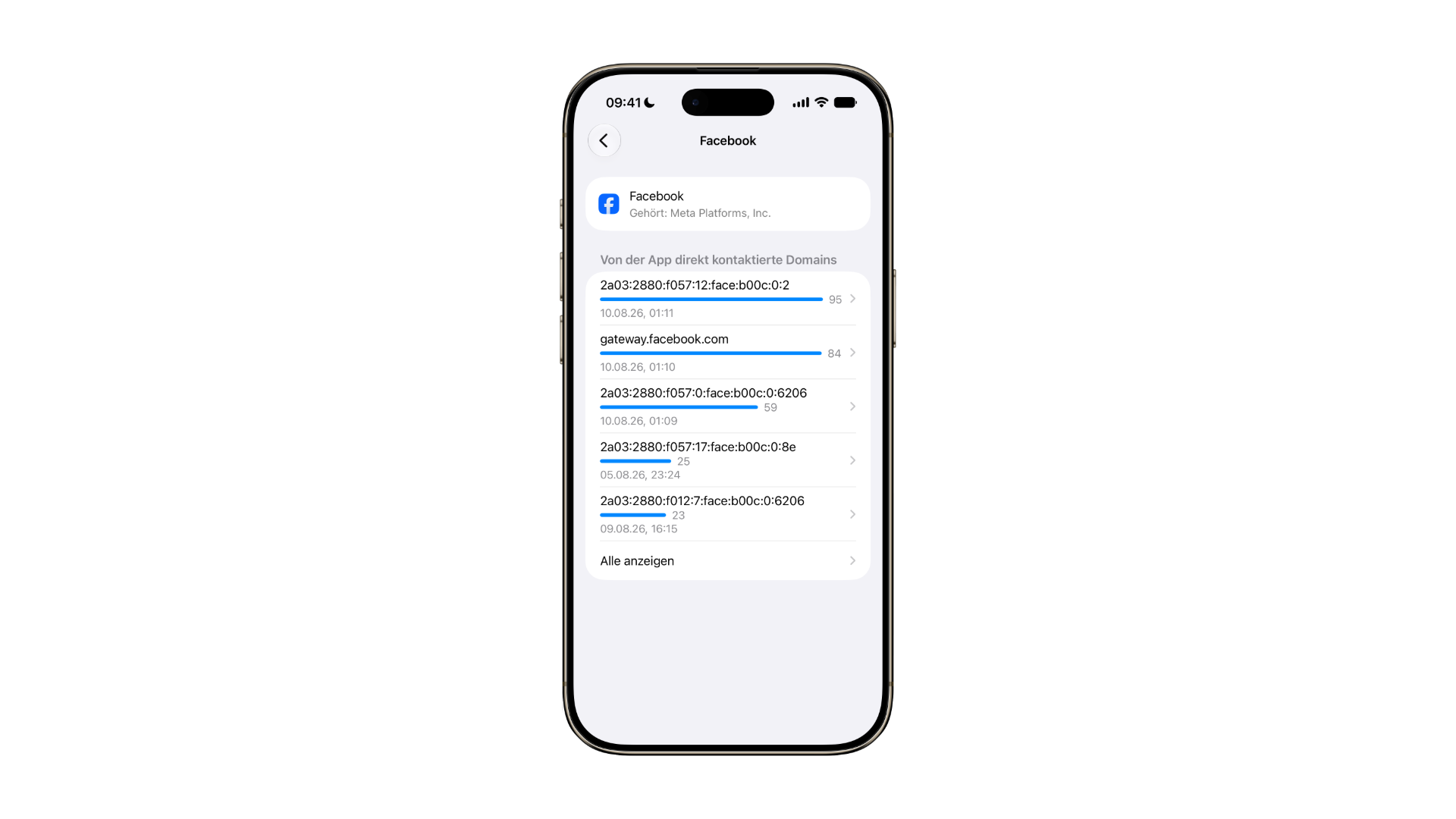 Network activity of an app in the App Privacy Report listing the domains it contacted directly, the layer beneath iPhone app permissions