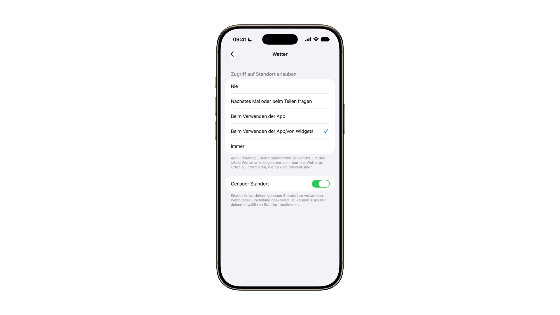 Location access options for the Weather app with all five levels from Never to Always and the Precise Location toggle, one of the key iPhone app permissions