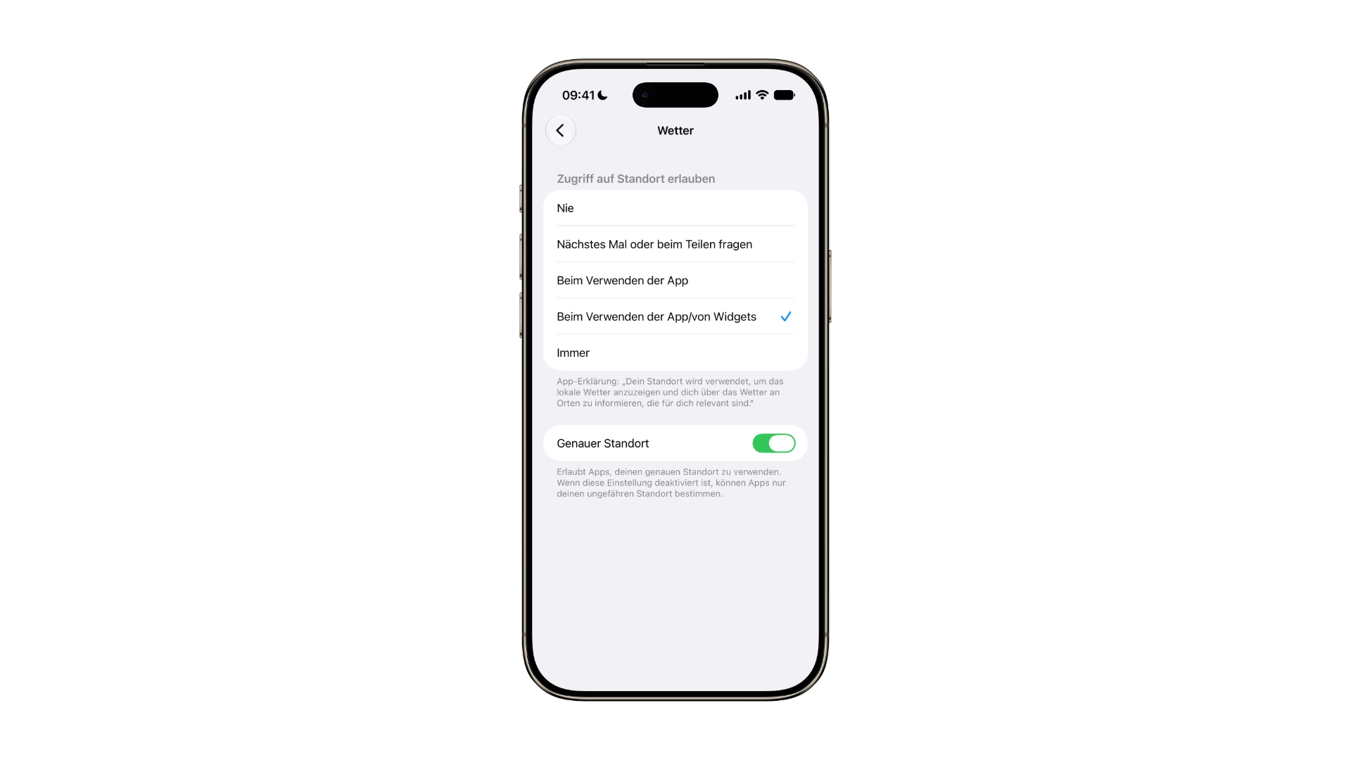 Standortauswahl der Wetter-App mit den fünf Stufen von Nie bis Immer und dem Schalter Genauer Standort, eine der wichtigsten App-Berechtigungen am iPhone