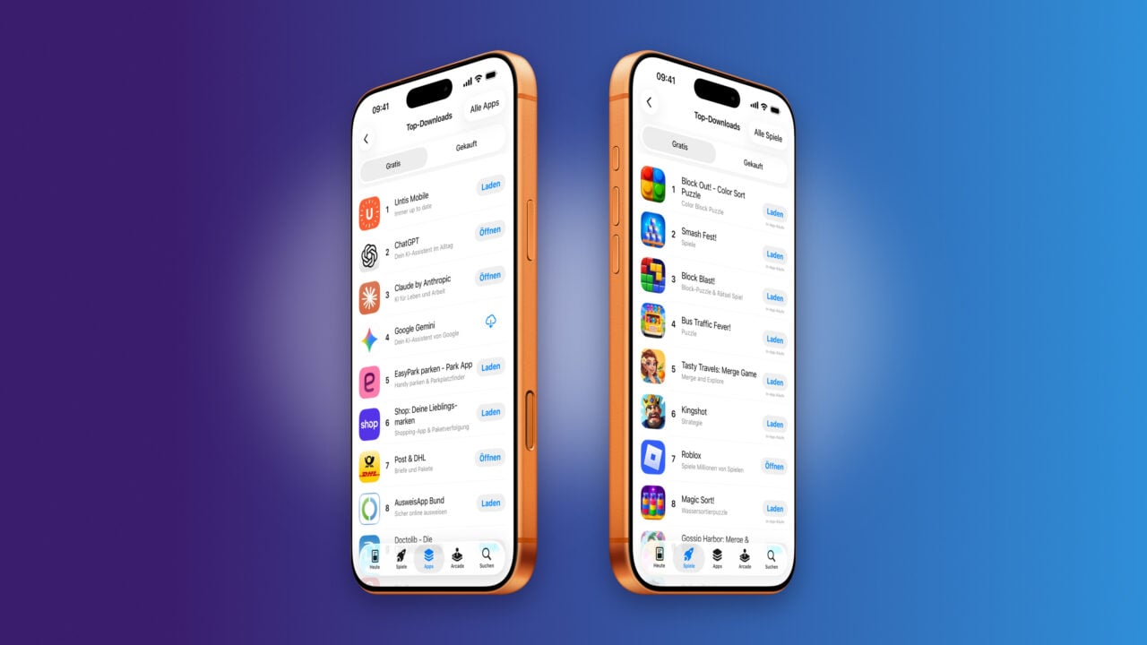 The free App Store charts side by side, AI apps on the left and games on the right, with revenue coming from in-app purchases