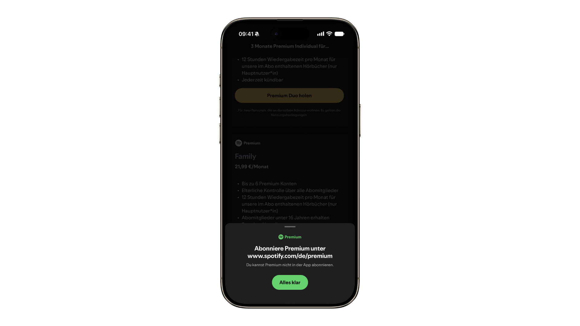 Hinweisbox in der Spotify App verweist für das Premium-Abo auf die Webseite, ein Fall aus der Praxis der App Store Provision