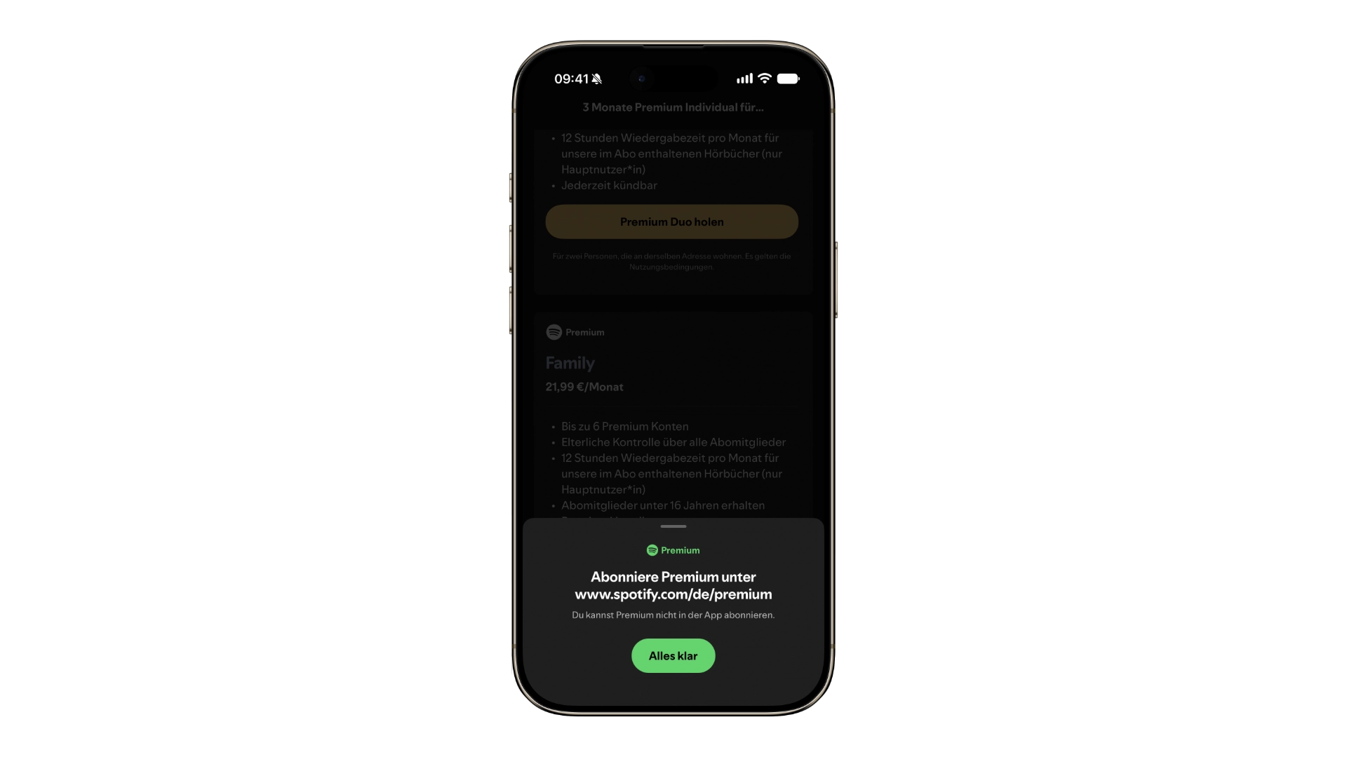 Hinweisbox in der Spotify App verweist für das Premium-Abo auf die Webseite, ein Fall aus der Praxis der App Store Provision