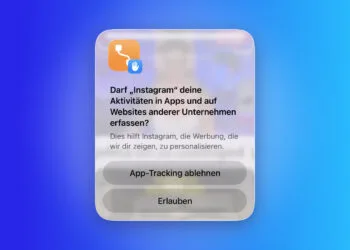 App-Tracking Abfragefenster auf dem iPhone mit oranger Warnhand und den Optionen App-Tracking ablehnen und Erlauben