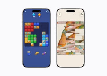Zwei iPhone nebeneinander mit Spielszenen aus Block Blast und Art of Fauna, die bei Apple Arcade im September neu dazukommen