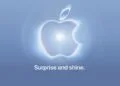 Apples Einladung zum September-Event mit leuchtendem Logo und dem Motto Surprise and shine
