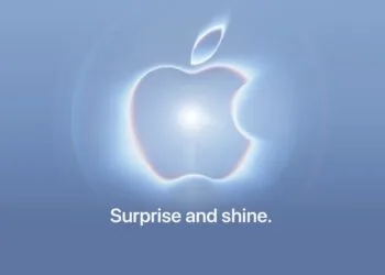Apples Einladung zum September-Event mit leuchtendem Logo und dem Motto Surprise and shine