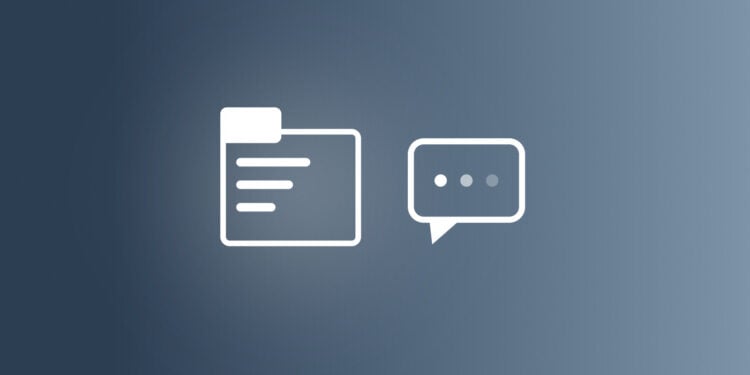 Drawn case folder next to a speech bubble with fading dots on a blue-grey gradient, symbolic image for the Apple versus Prosser lawsuit
