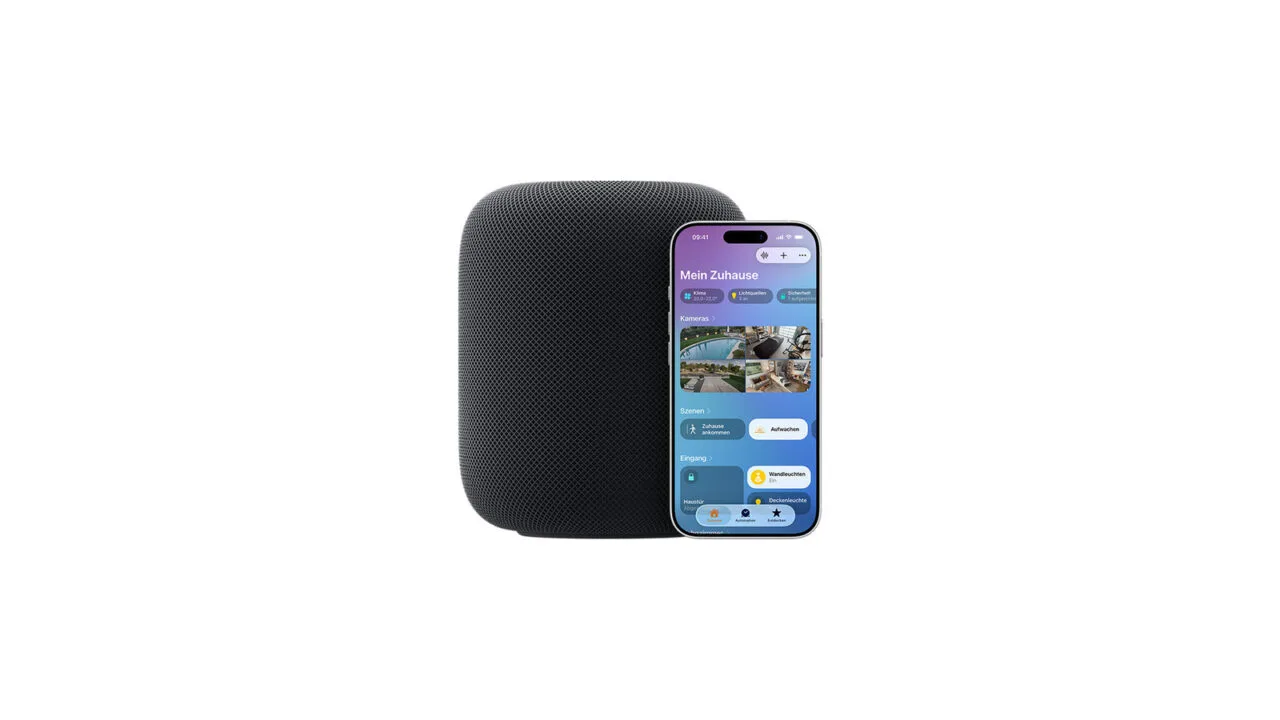 Symbolbild zu Apple HomePad: HomePod neben einem iPhone mit geöffneter Home-App