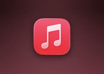 Apple-Music-Symbol auf dunkelrotem Farbverlauf als Motiv zur Kennzeichnung von KI-Songs