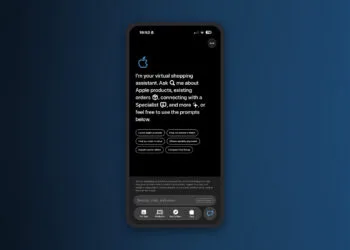iPhone zeigt den KI-Assistent der Apple Store App mit Begrüßung und sechs Vorschlägen