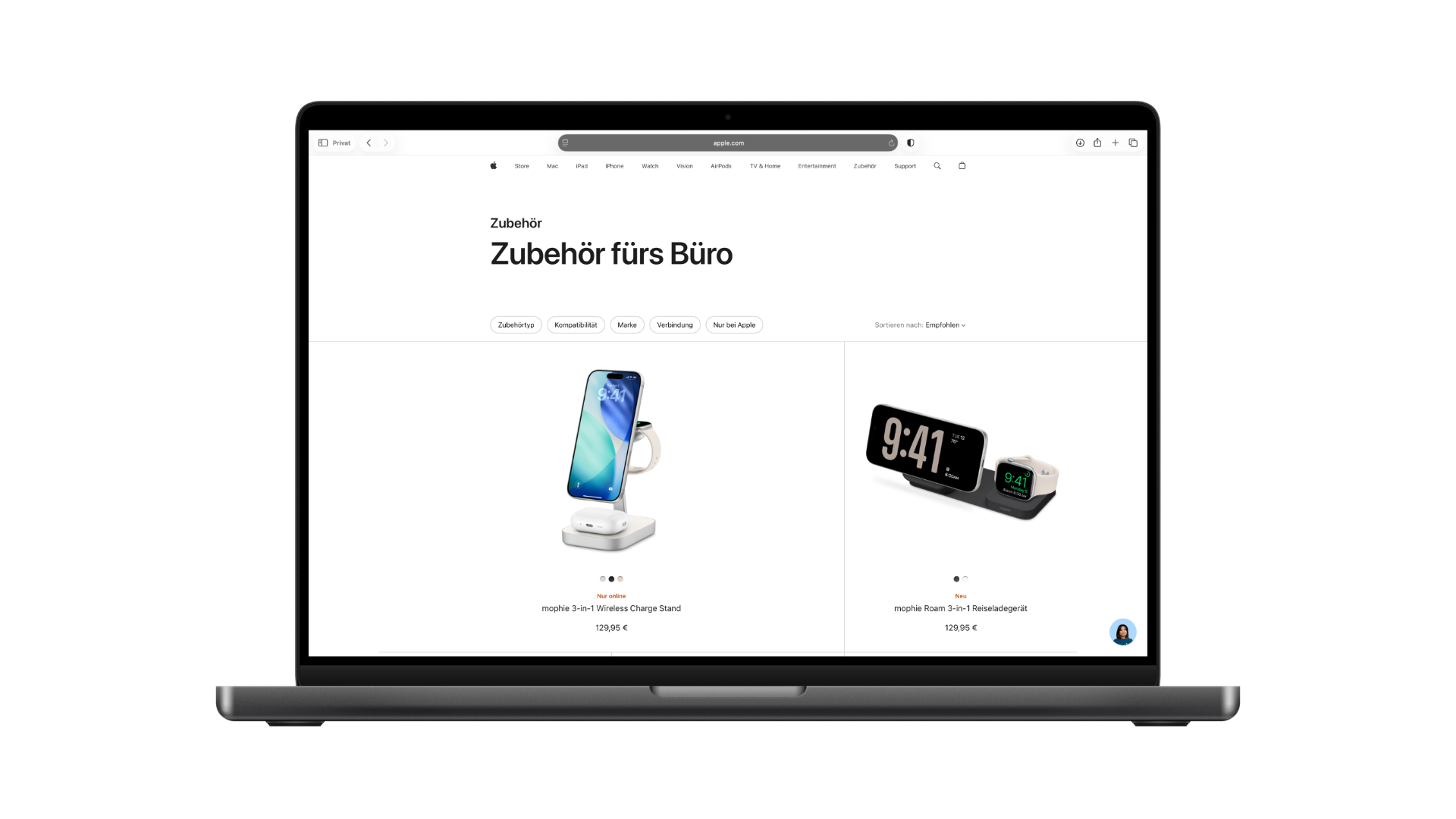 Chargers and adapters category page in Apple Store accessories with filters for type, compatibility, brand and colour