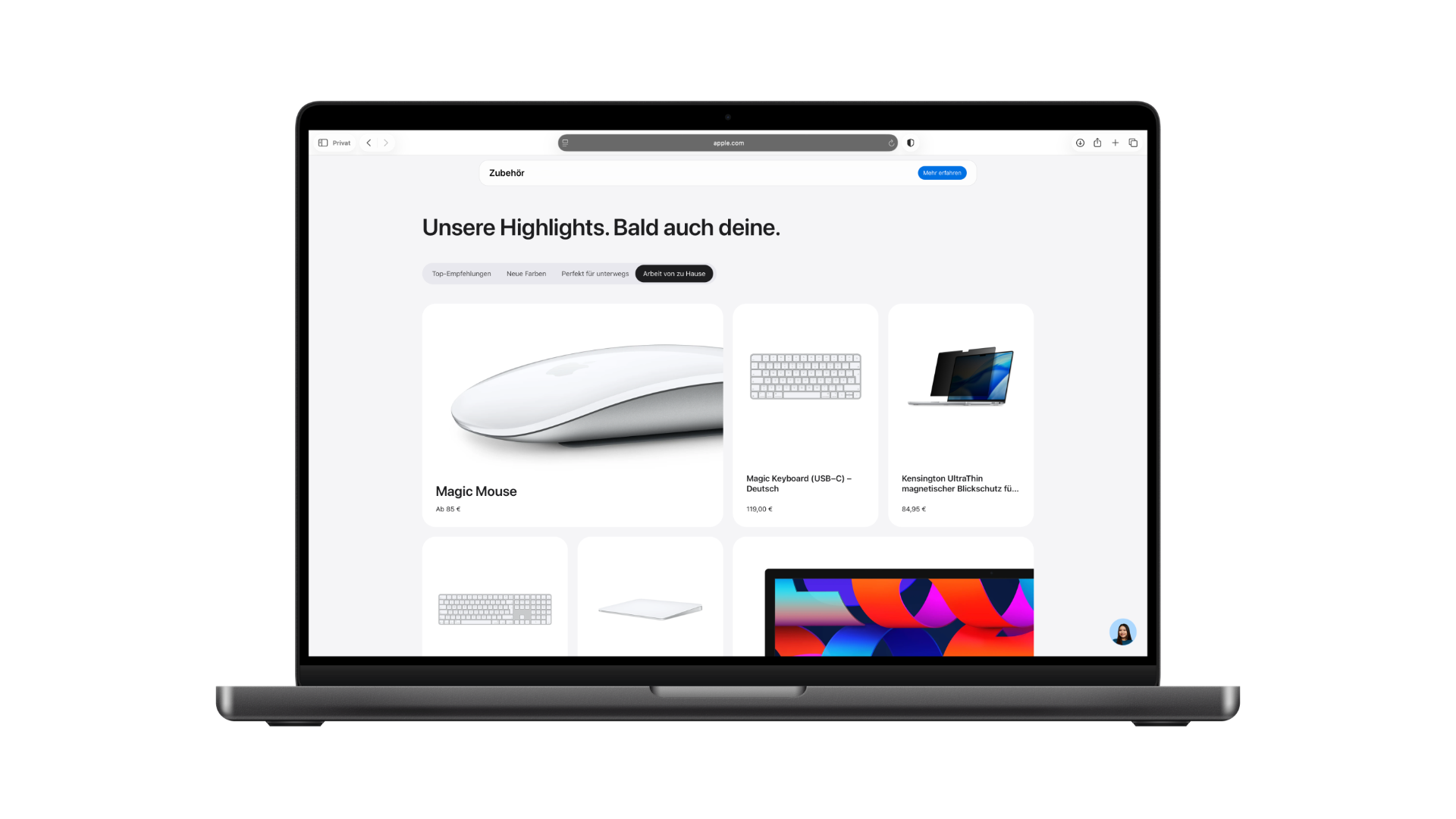 Curated collections in Apple Store accessories with tabs for top picks, fresh colours, travel and working from home