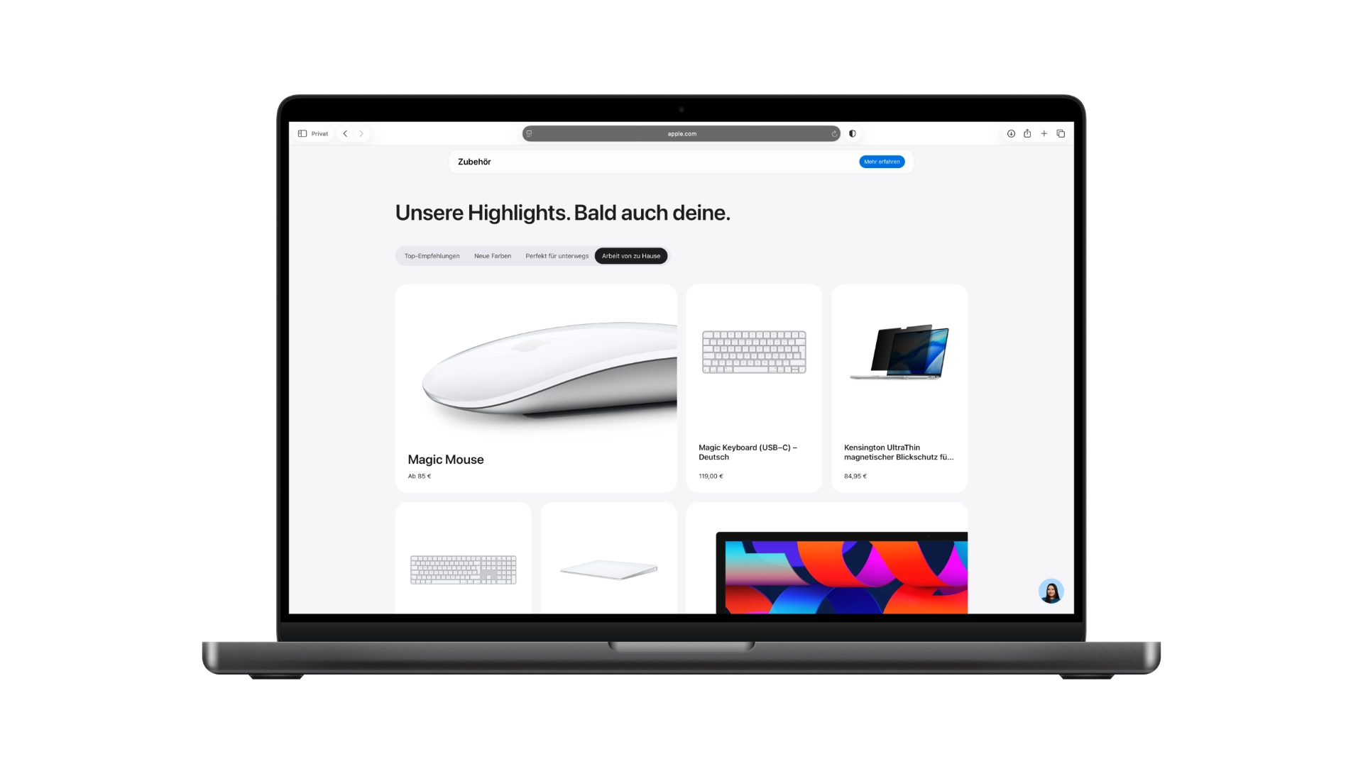 Kuratierte Kollektionen im Apple Store Zubehör mit den Tabs Top-Empfehlungen, Neue Farben, Perfekt für unterwegs und Arbeit von zu Hause