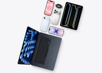 Von oben fotografierte Anordnung aus MacBook, iPad, mehreren iPhones und einer Apple Watch, wie sie im Leasing-Programm Apple Upgrade angeboten werden