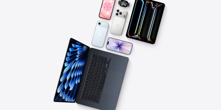 Overhead arrangement of a MacBook, iPad, several iPhones and an Apple Watch as offered through the Apple Upgrade leasing program