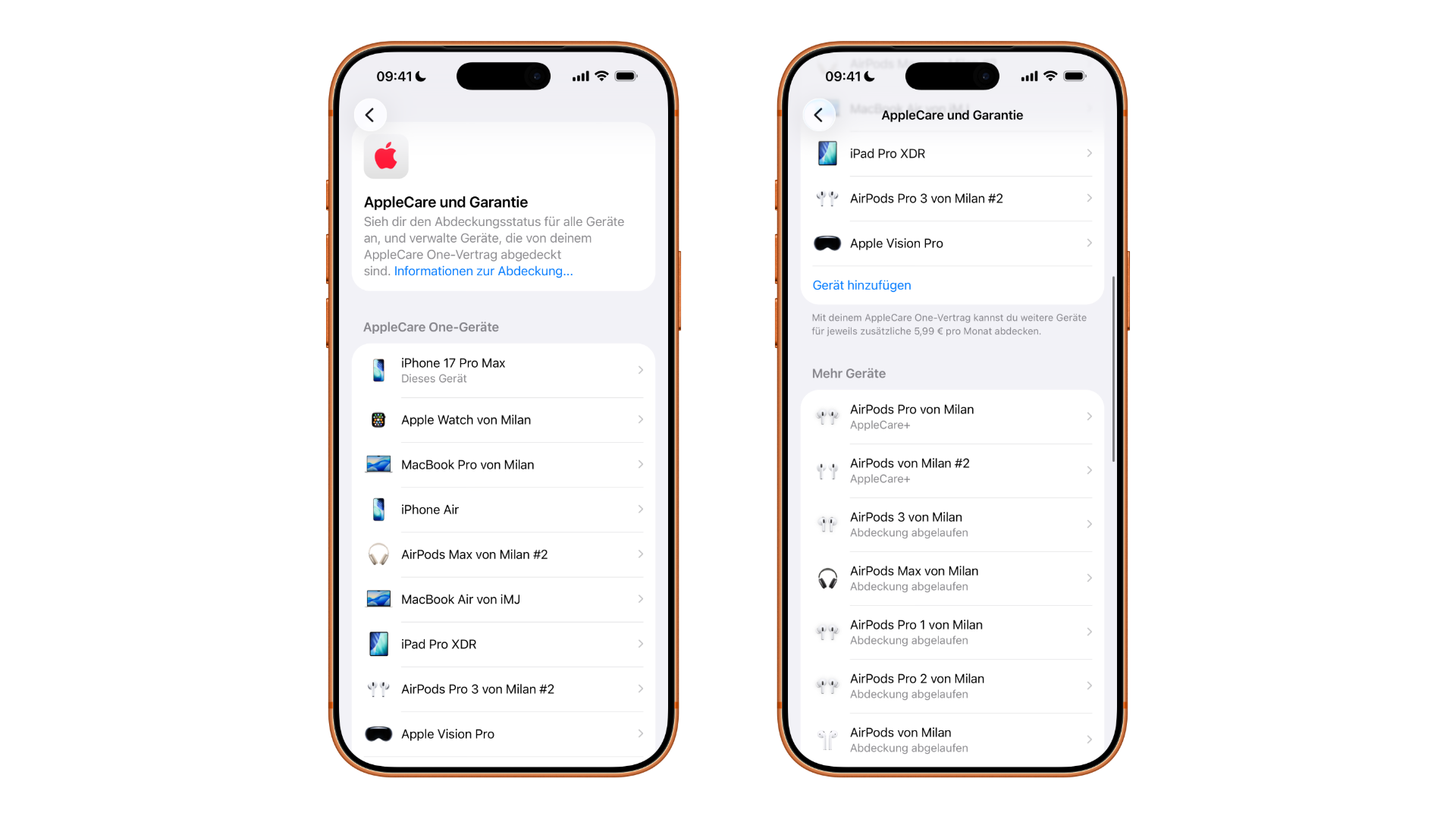 AppleCare and Warranty overview listing the devices covered by AppleCare One in Germany and the option to add more for 5.99 euros per month