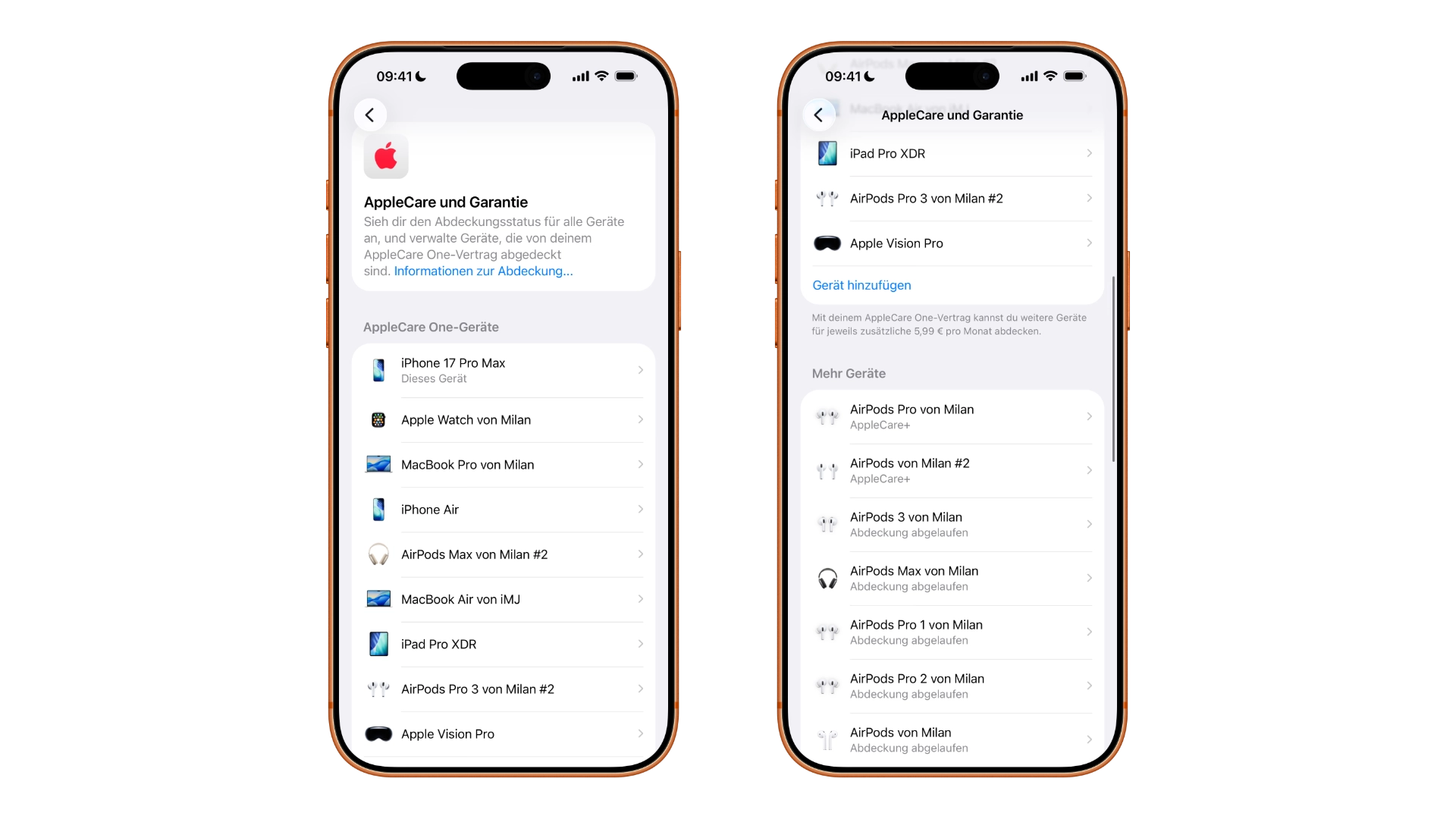 Übersicht AppleCare und Garantie mit den durch AppleCare One in Deutschland abgedeckten Geräten und der Option, weitere für 5,99 Euro monatlich hinzuzufügen