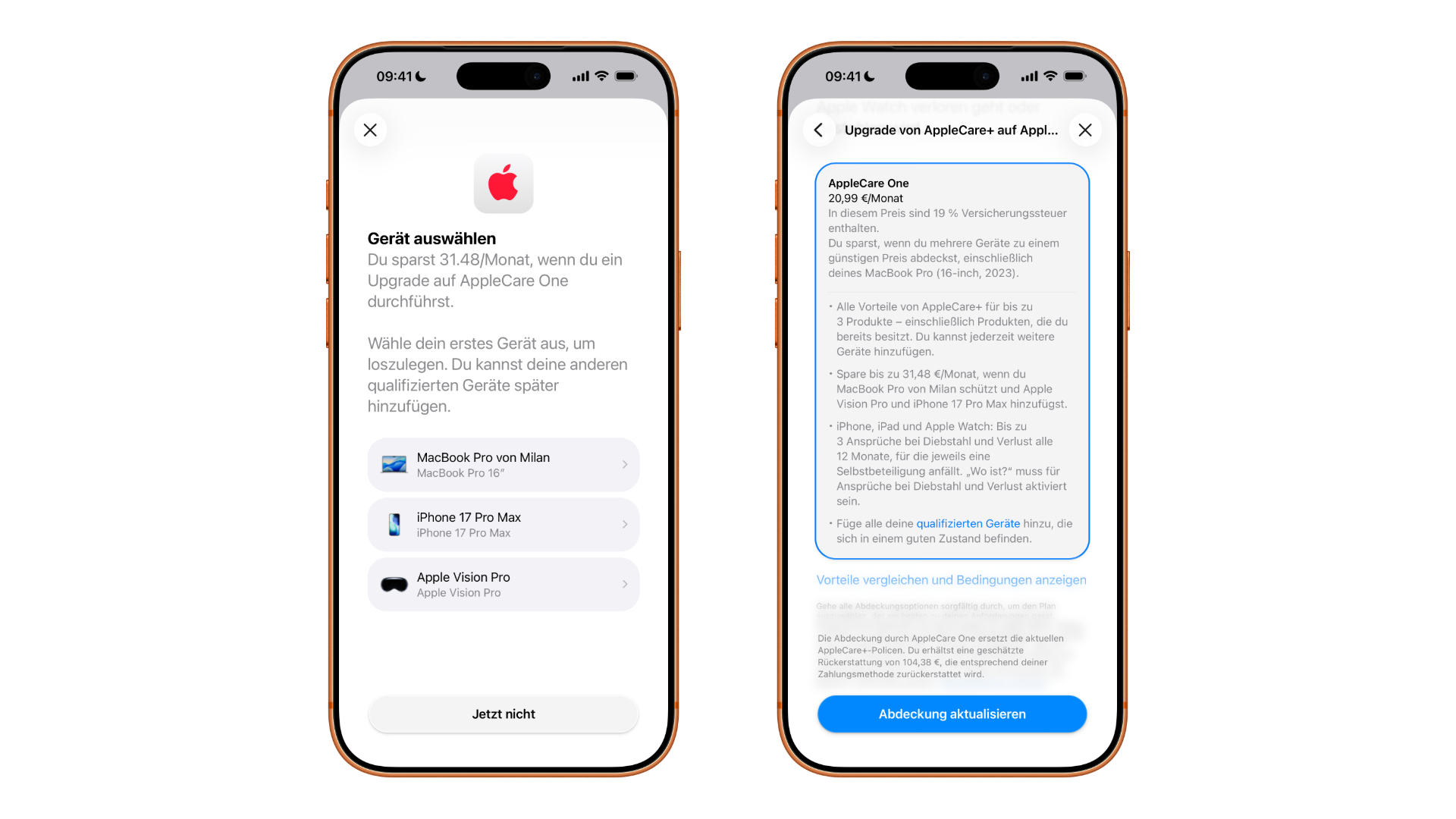 Upgrading to AppleCare One in Germany showing the monthly savings for a MacBook Pro, iPhone 17 Pro Max and Apple Vision Pro